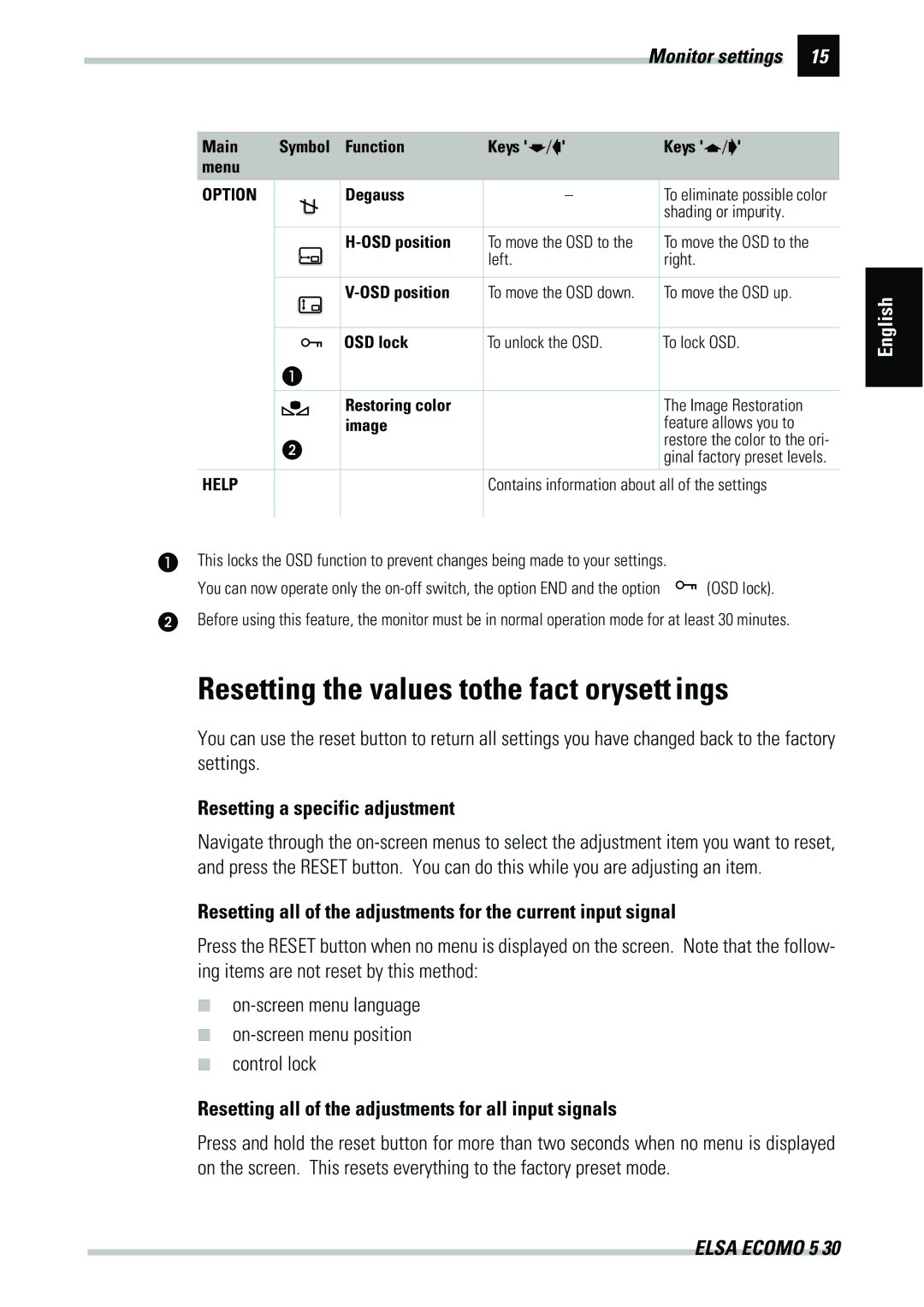 ELSA 530 manual Resetting the values tothe fact orysett ings, Resetting a specific adjustment 