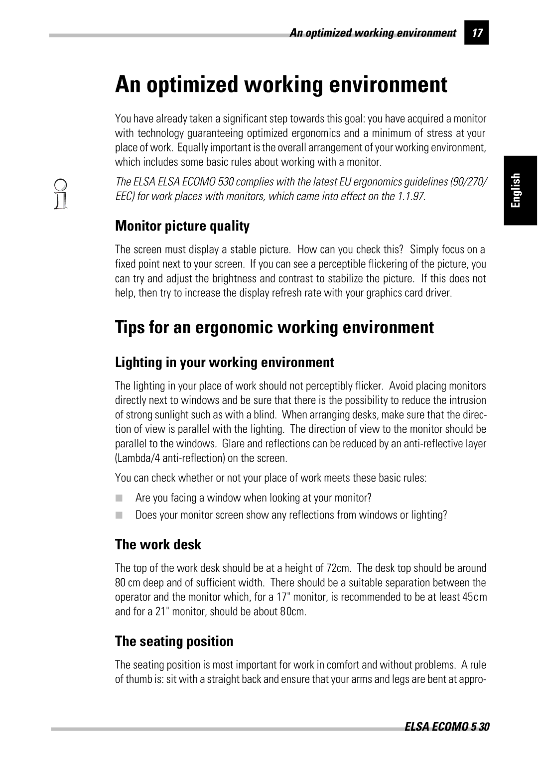 ELSA 530 manual An optimized working environment, Tips for an ergonomic working environment 
