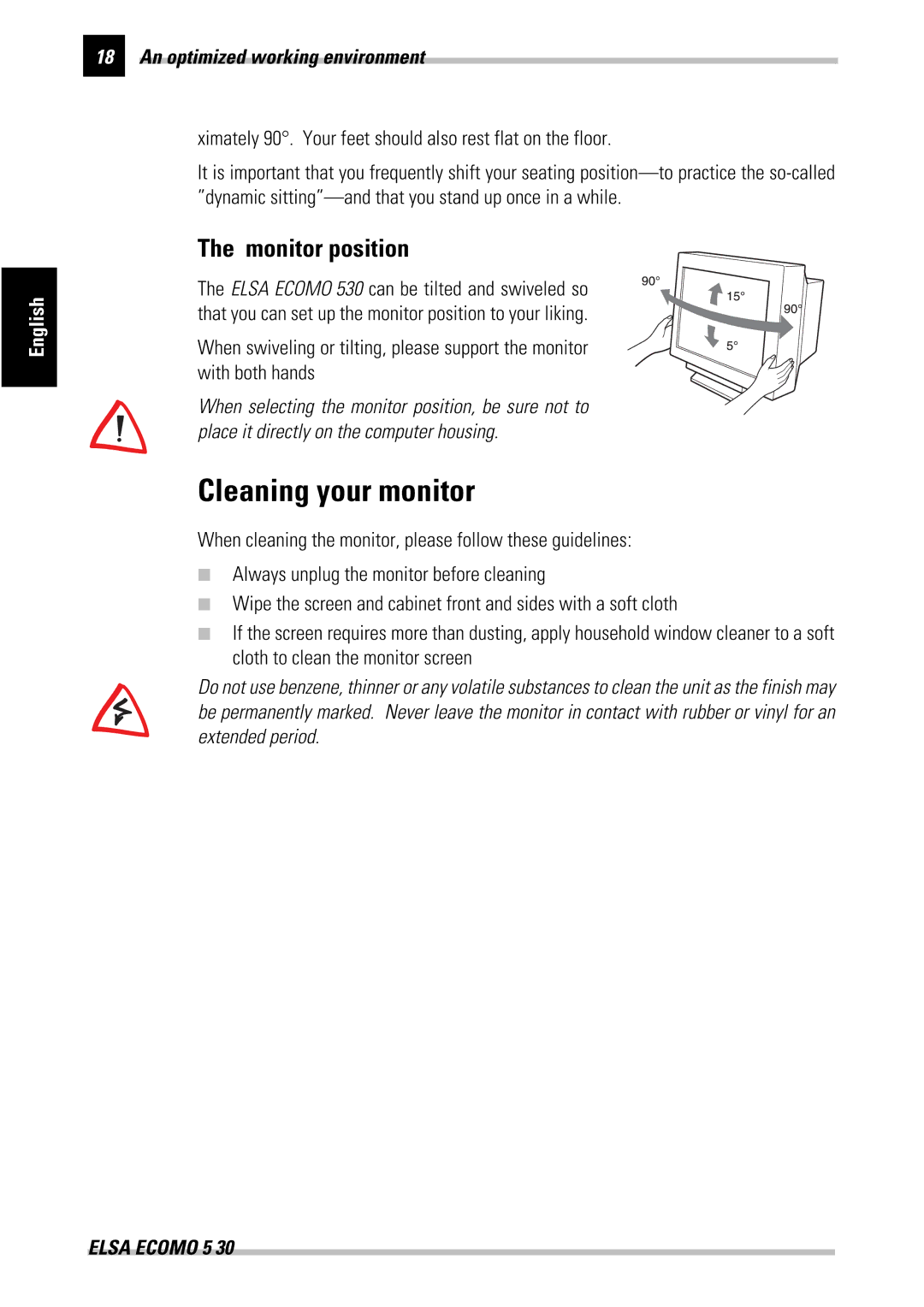 ELSA 530 manual Cleaning your monitor, Monitor position 