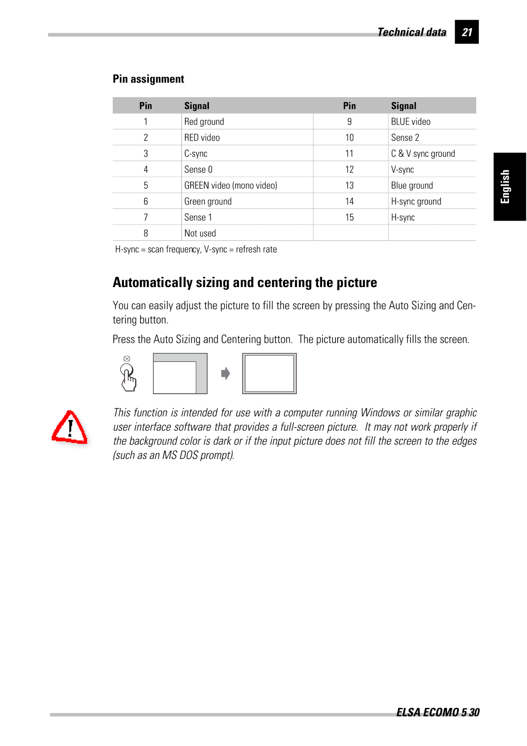 ELSA 530 manual Automatically sizing and centering the picture, Pin Signal 