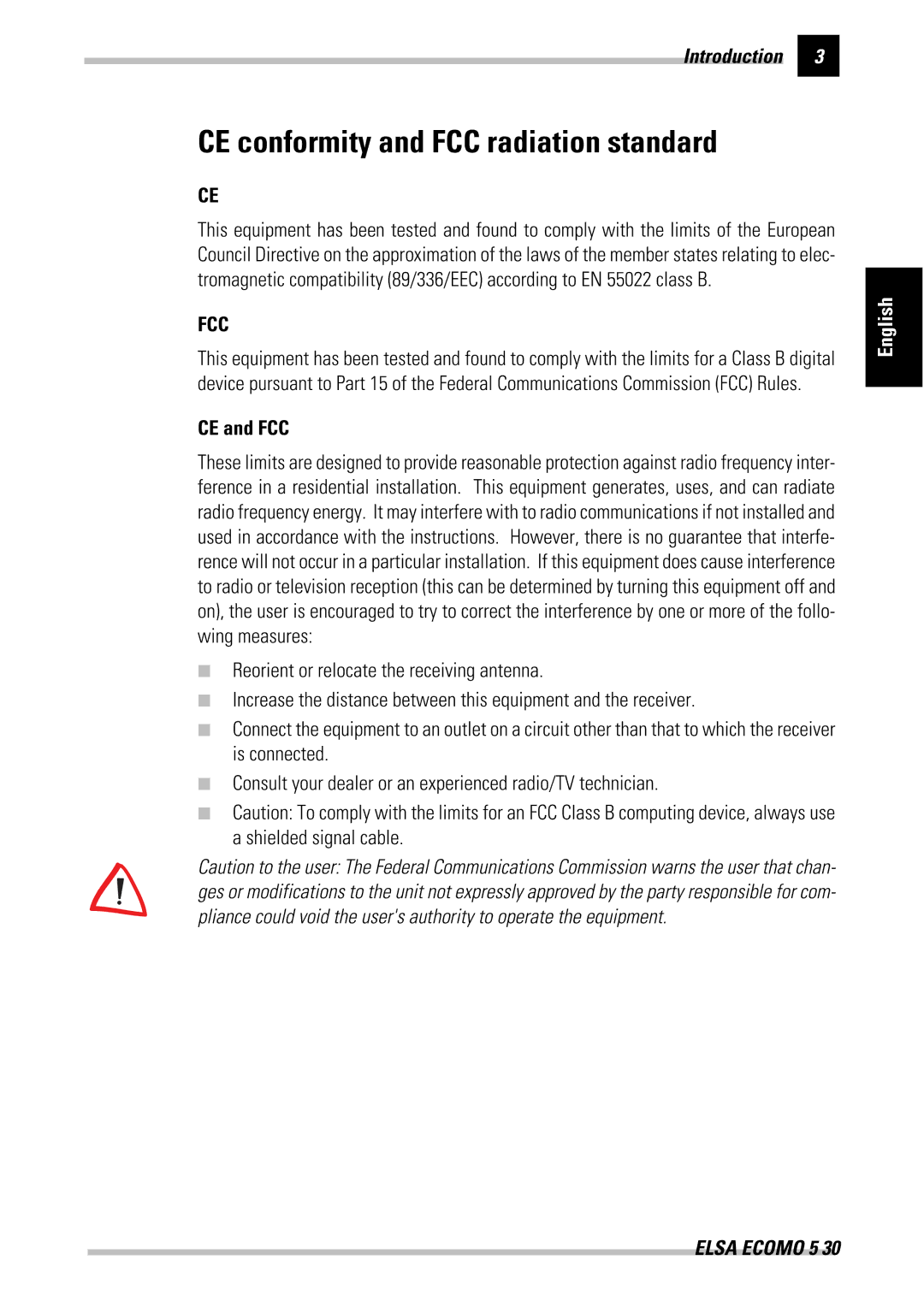 ELSA 530 manual CE conformity and FCC radiation standard, CE and FCC 