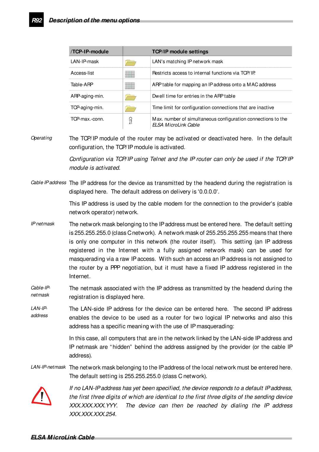 ELSA Cable manual R92 Description of the menu options, Configuration, the TCP/IP module is activated 