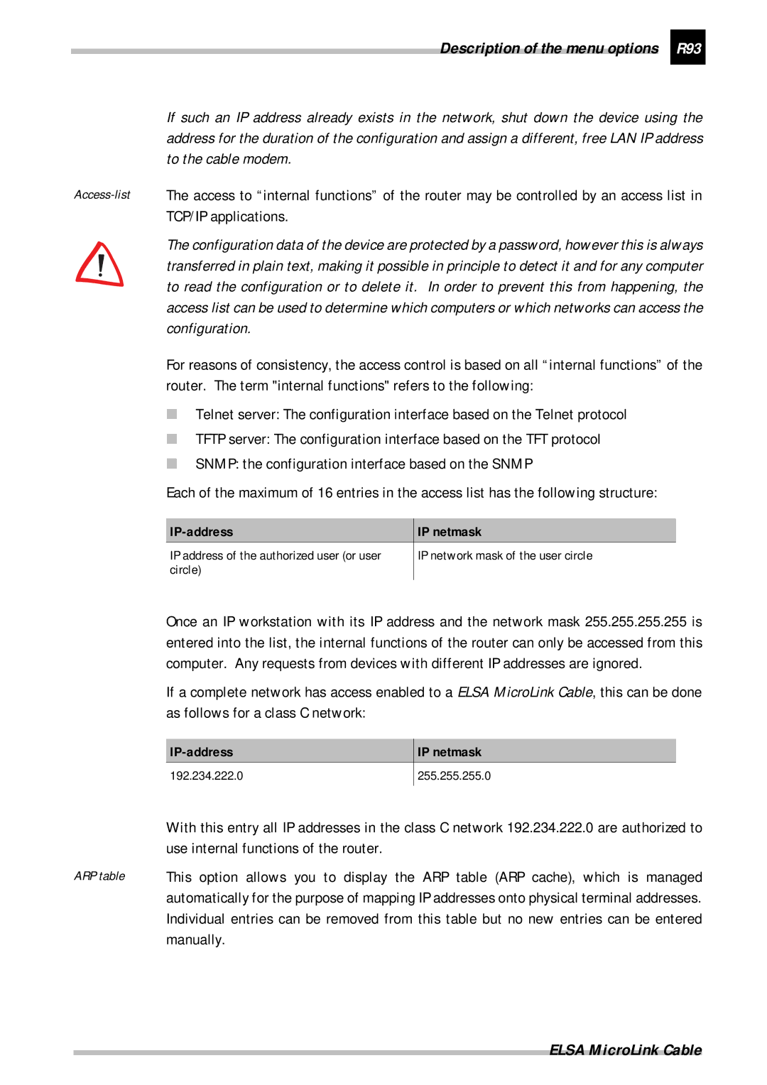 ELSA Cable manual Description of the menu options R93 