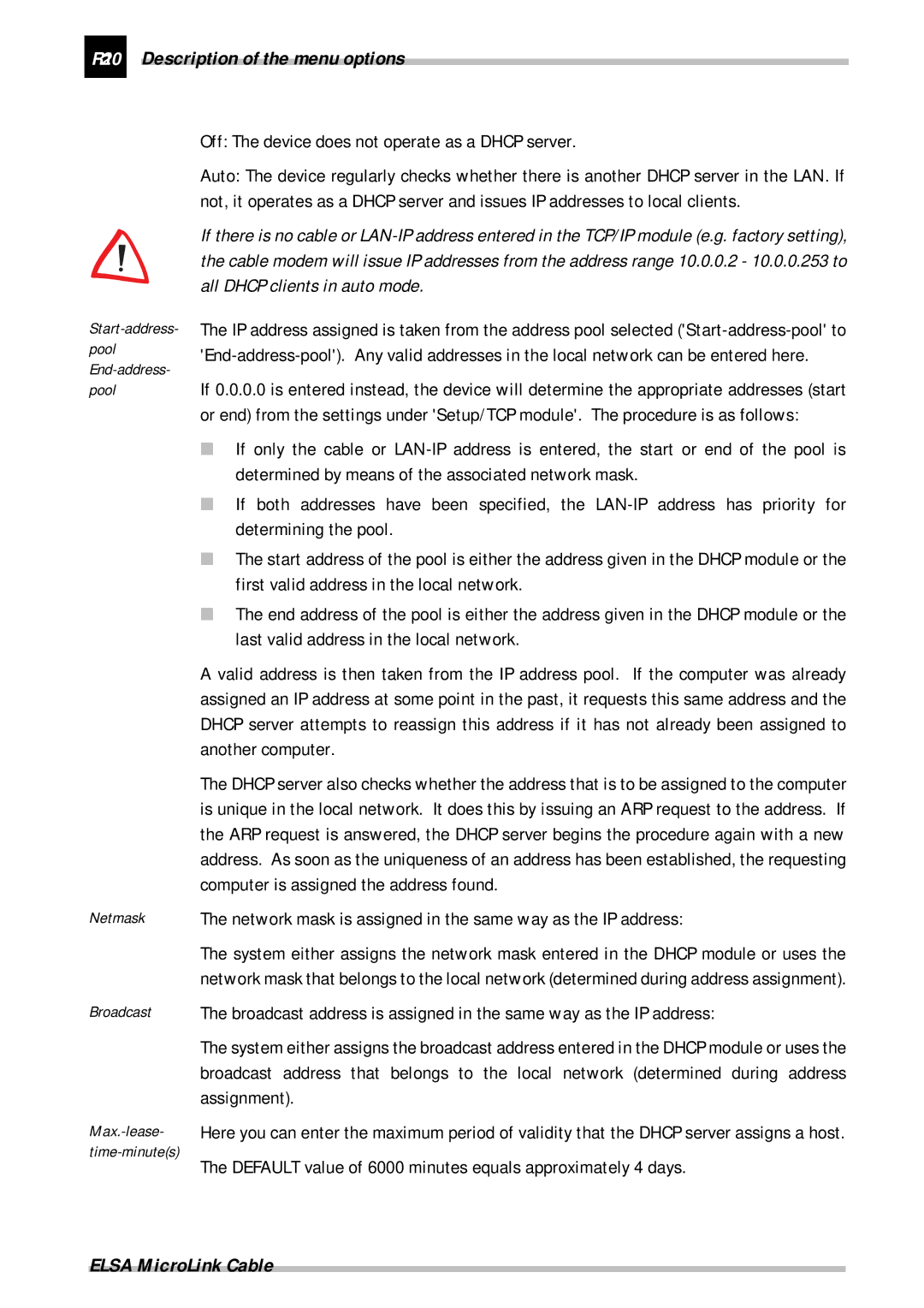 ELSA Cable manual R102 Description of the menu options, Off The device does not operate as a Dhcp server 