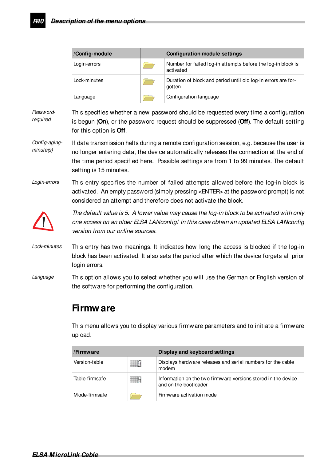 ELSA Cable manual R104 Description of the menu options, Firmware Display and keyboard settings 