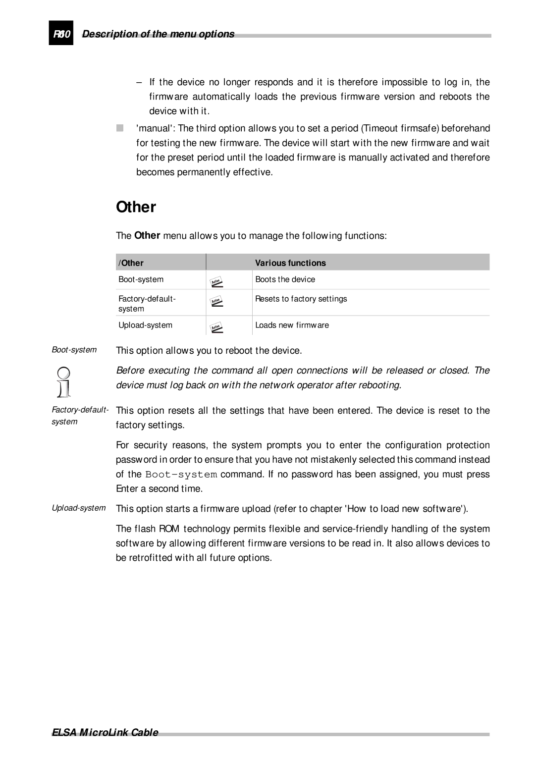 ELSA Cable manual R106 Description of the menu options, Other menu allows you to manage the following functions 