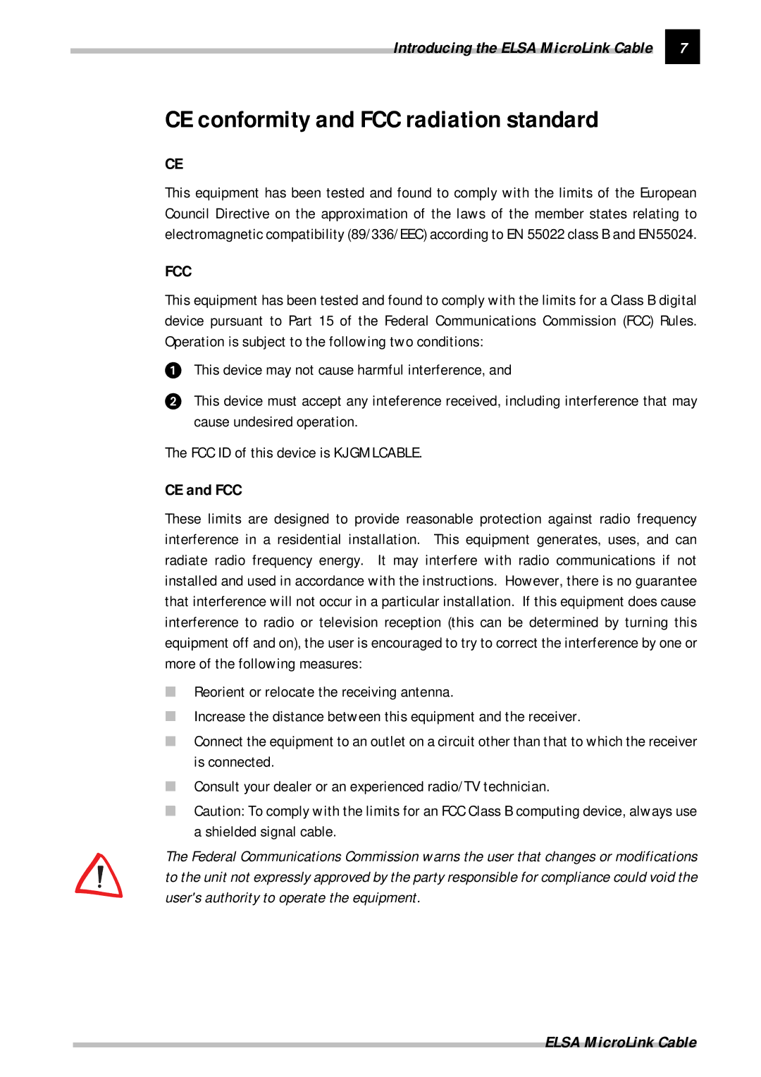 ELSA Cable manual CE conformity and FCC radiation standard, CE and FCC 