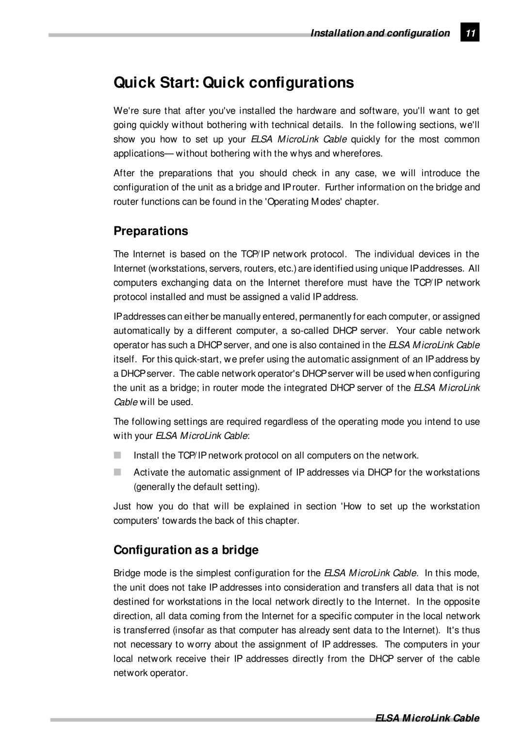 ELSA Cable manual Quick Start Quick configurations, Preparations, Configuration as a bridge 