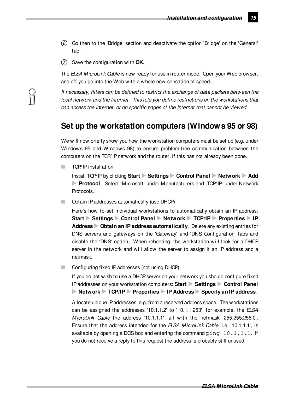 ELSA Cable TCP/IP installation, Obtain IP addresses automatically use Dhcp, Configuring fixed IP addresses not using Dhcp 