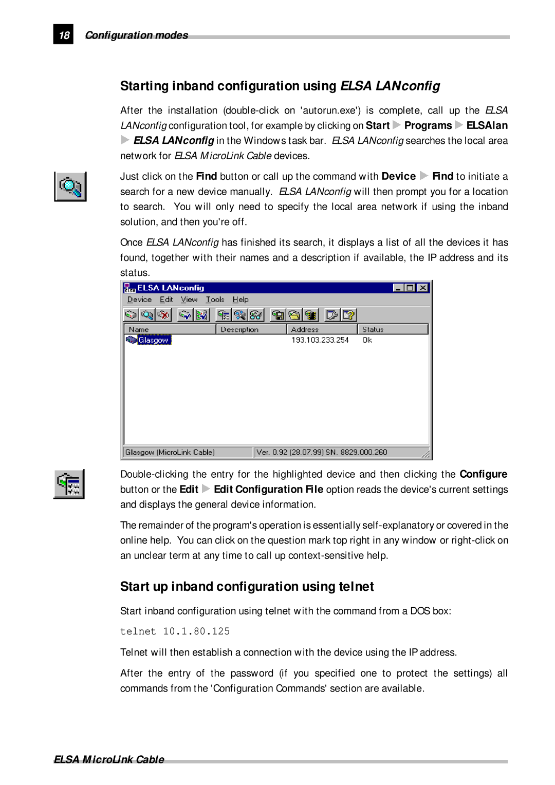 ELSA Cable manual Starting inband configuration using Elsa LANconfig, Start up inband configuration using telnet 