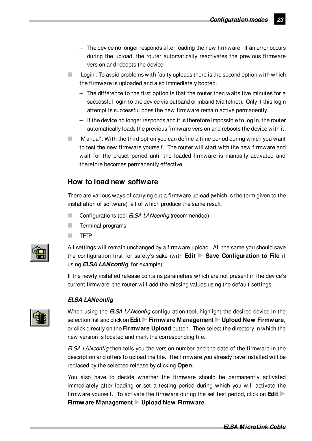 ELSA Cable manual How to load new software, Elsa LANconfig 