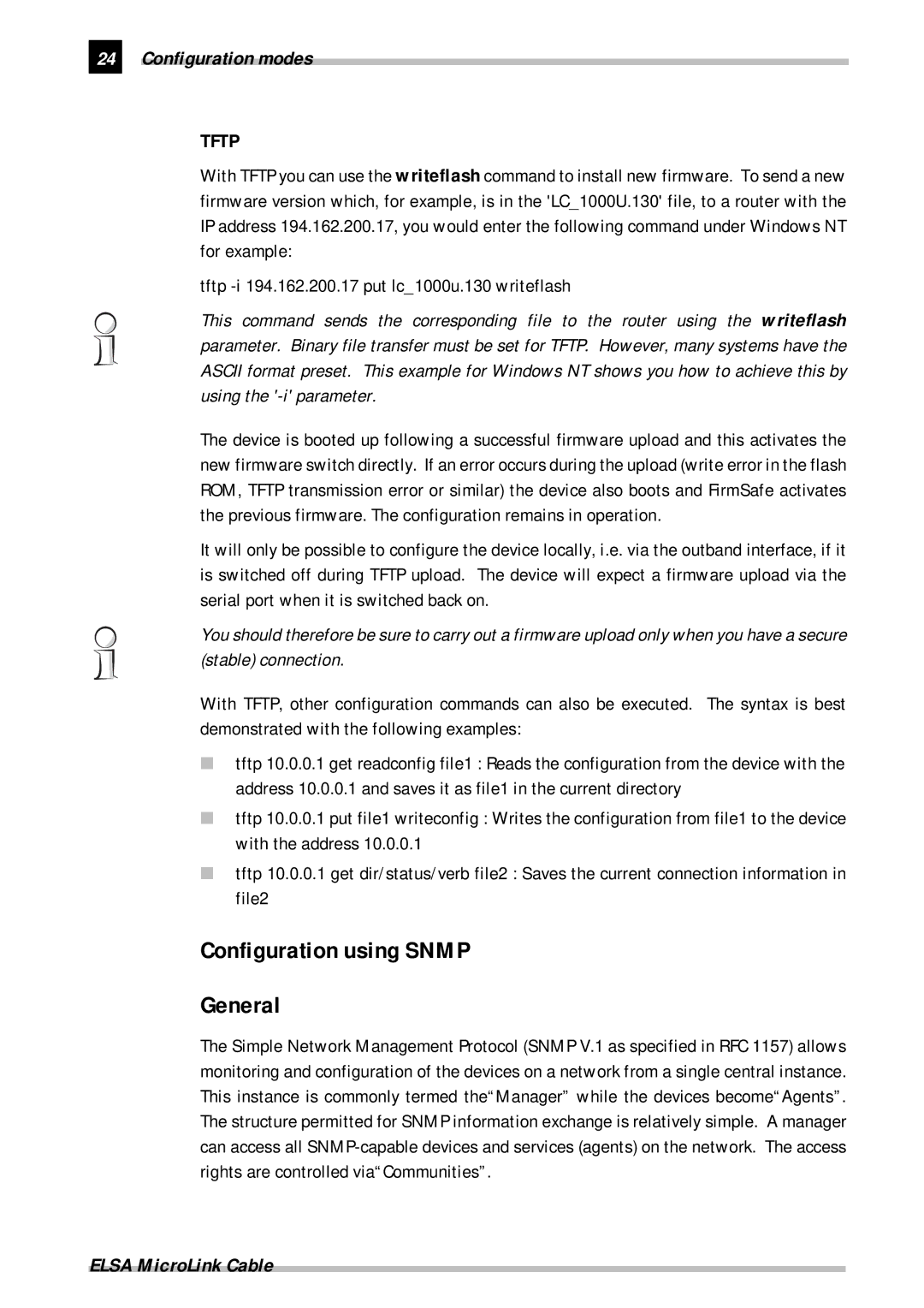 ELSA Cable manual Configuration using Snmp General, Tftp 