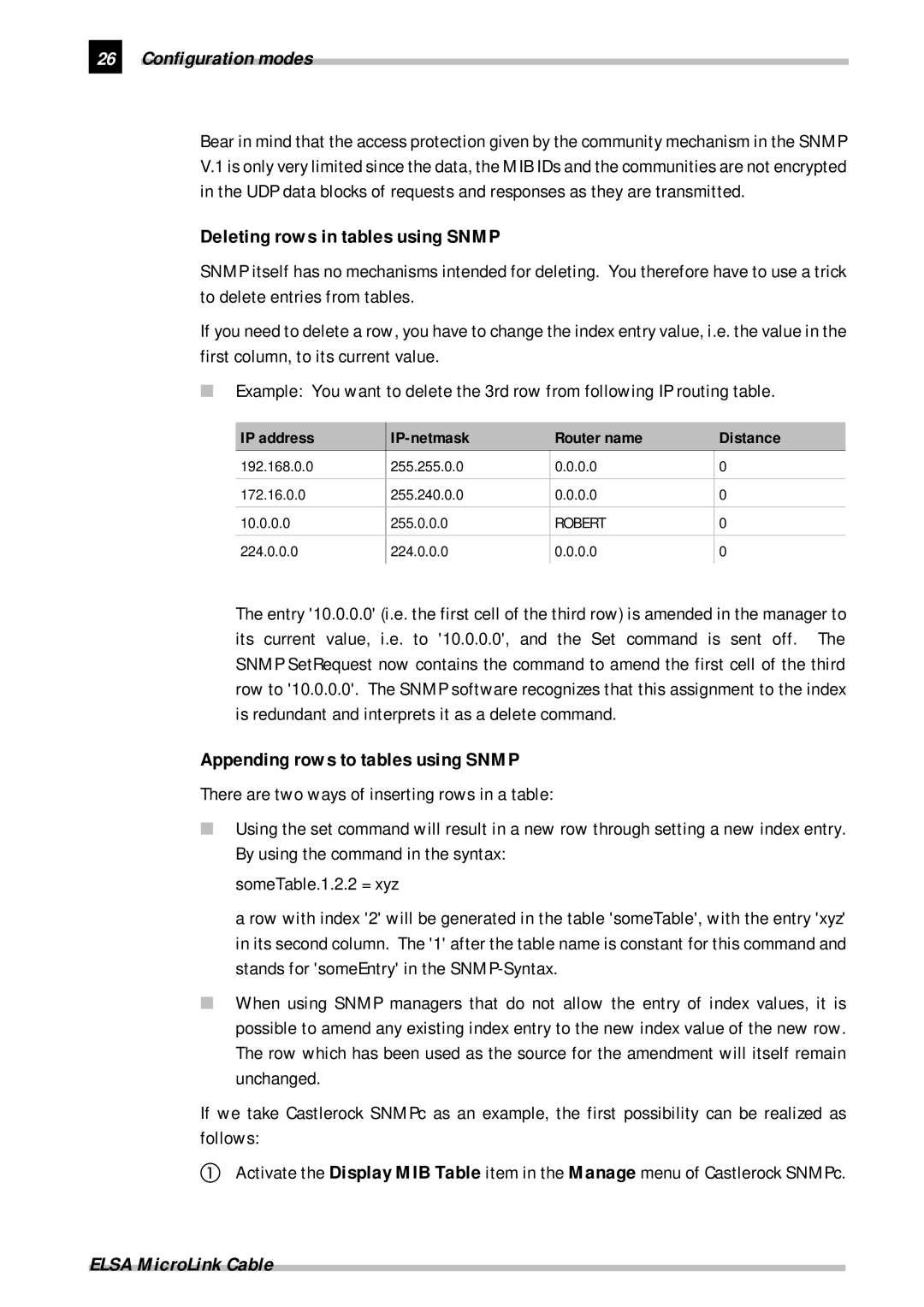 ELSA Cable manual Deleting rows in tables using Snmp, Appending rows to tables using Snmp 