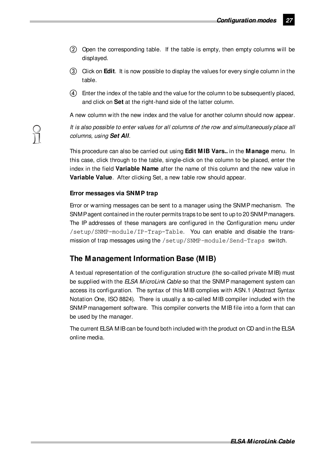 ELSA Cable manual Management Information Base MIB, Error messages via Snmp trap 