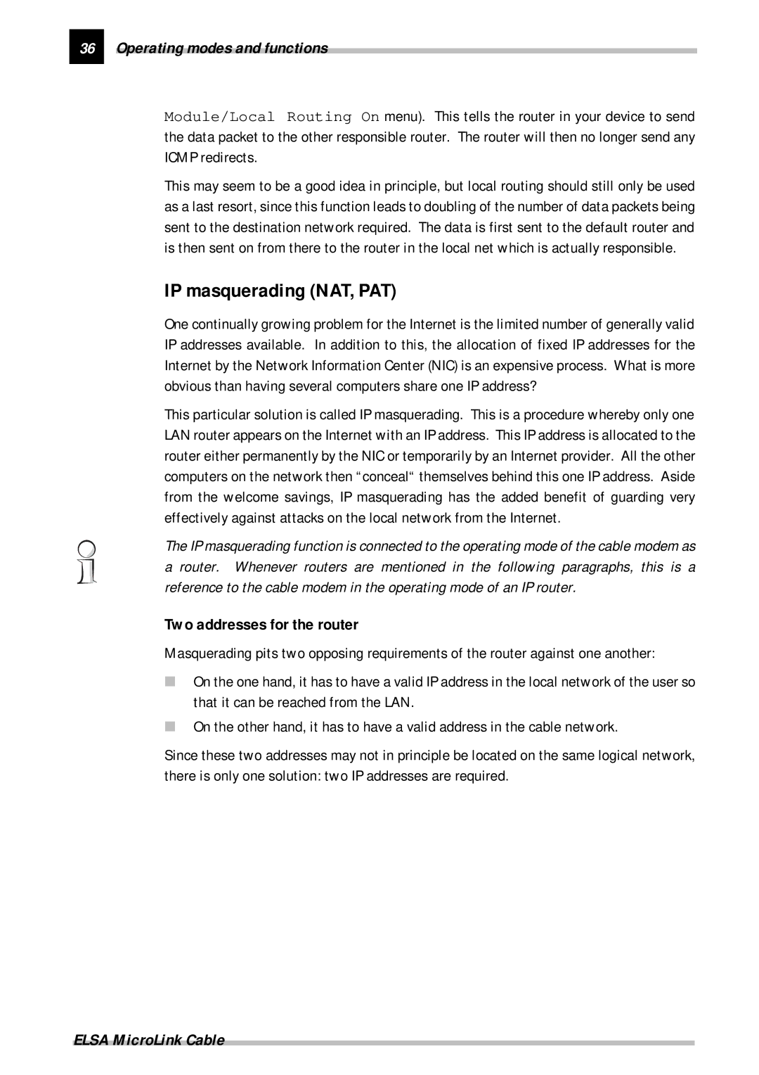 ELSA Cable manual IP masquerading NAT, PAT, Two addresses for the router 