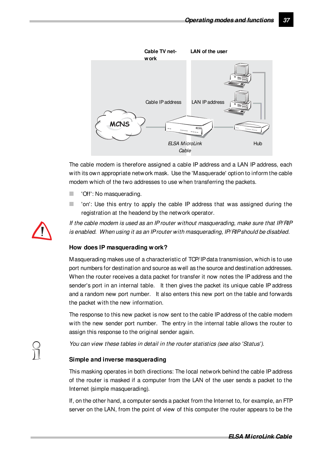 ELSA manual How does IP masquerading work?, Simple and inverse masquerading, Cable TV net, Work 