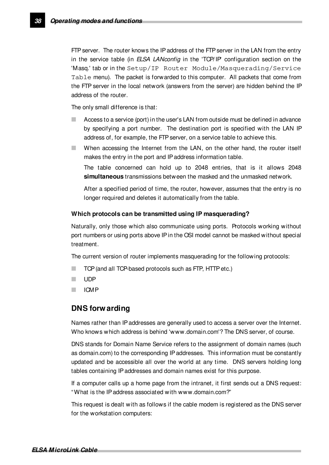 ELSA Cable manual DNS forwarding, Only small difference is that, Which protocols can be transmitted using IP masquerading? 