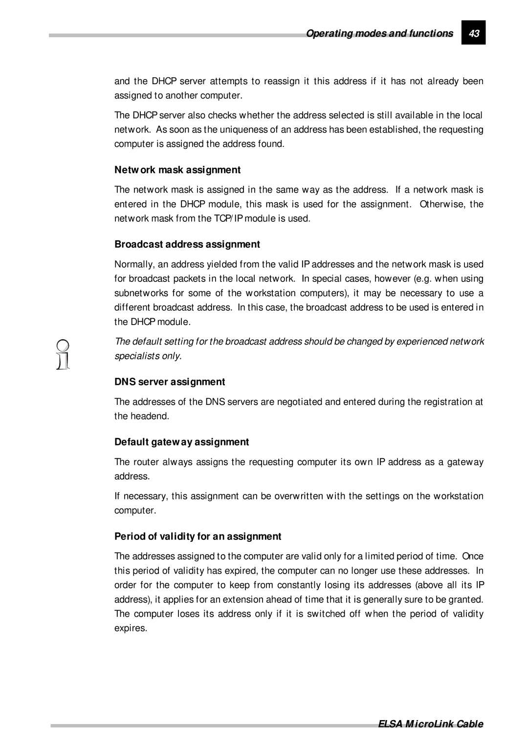 ELSA Cable manual Network mask assignment, Broadcast address assignment, DNS server assignment, Default gateway assignment 