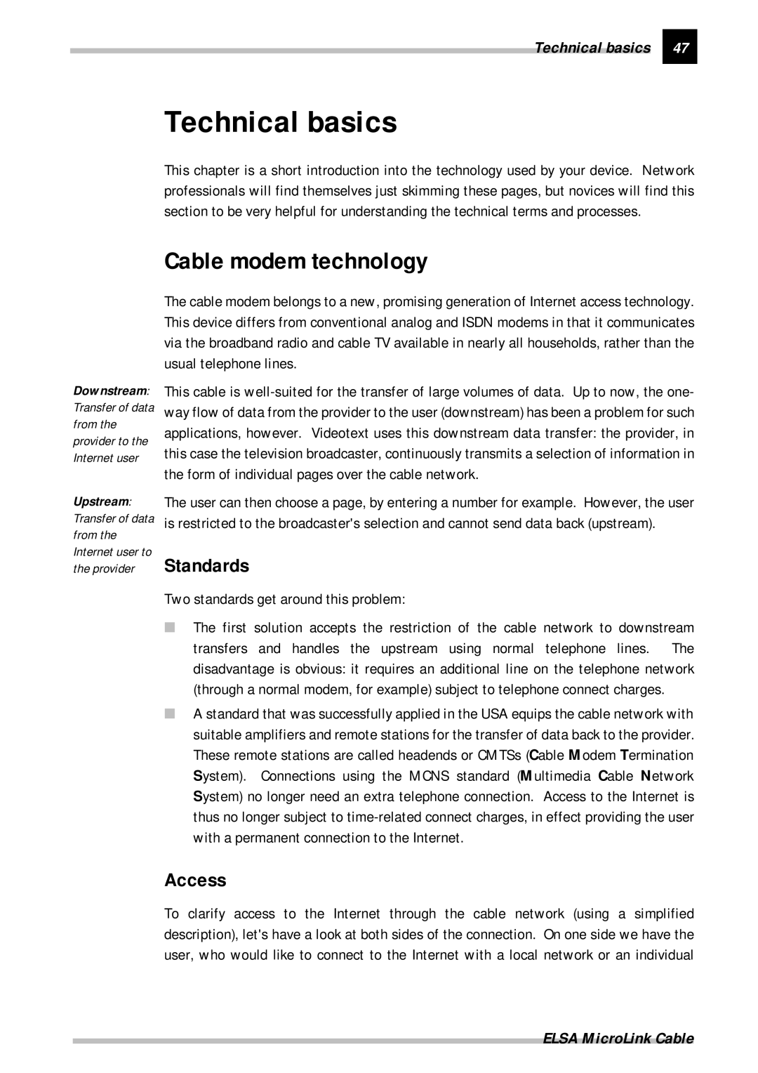 ELSA manual Cable modem technology, Standards, Access, Technical basics, Two standards get around this problem 