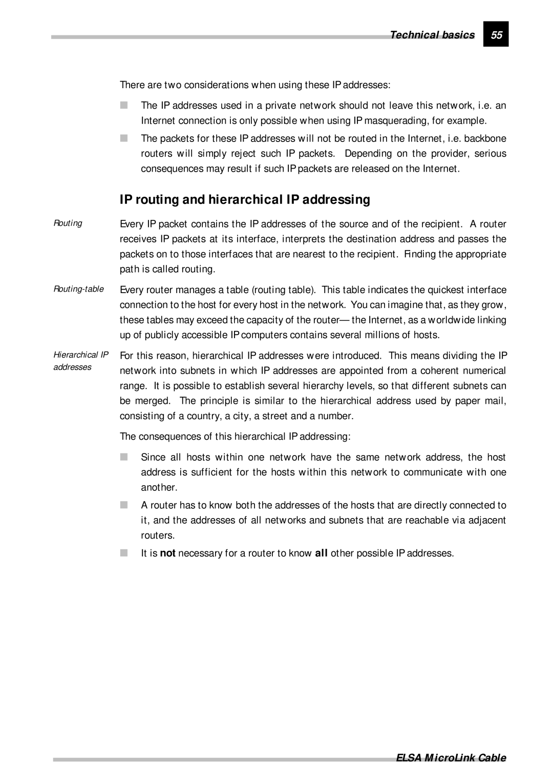 ELSA Cable manual IP routing and hierarchical IP addressing, There are two considerations when using these IP addresses 