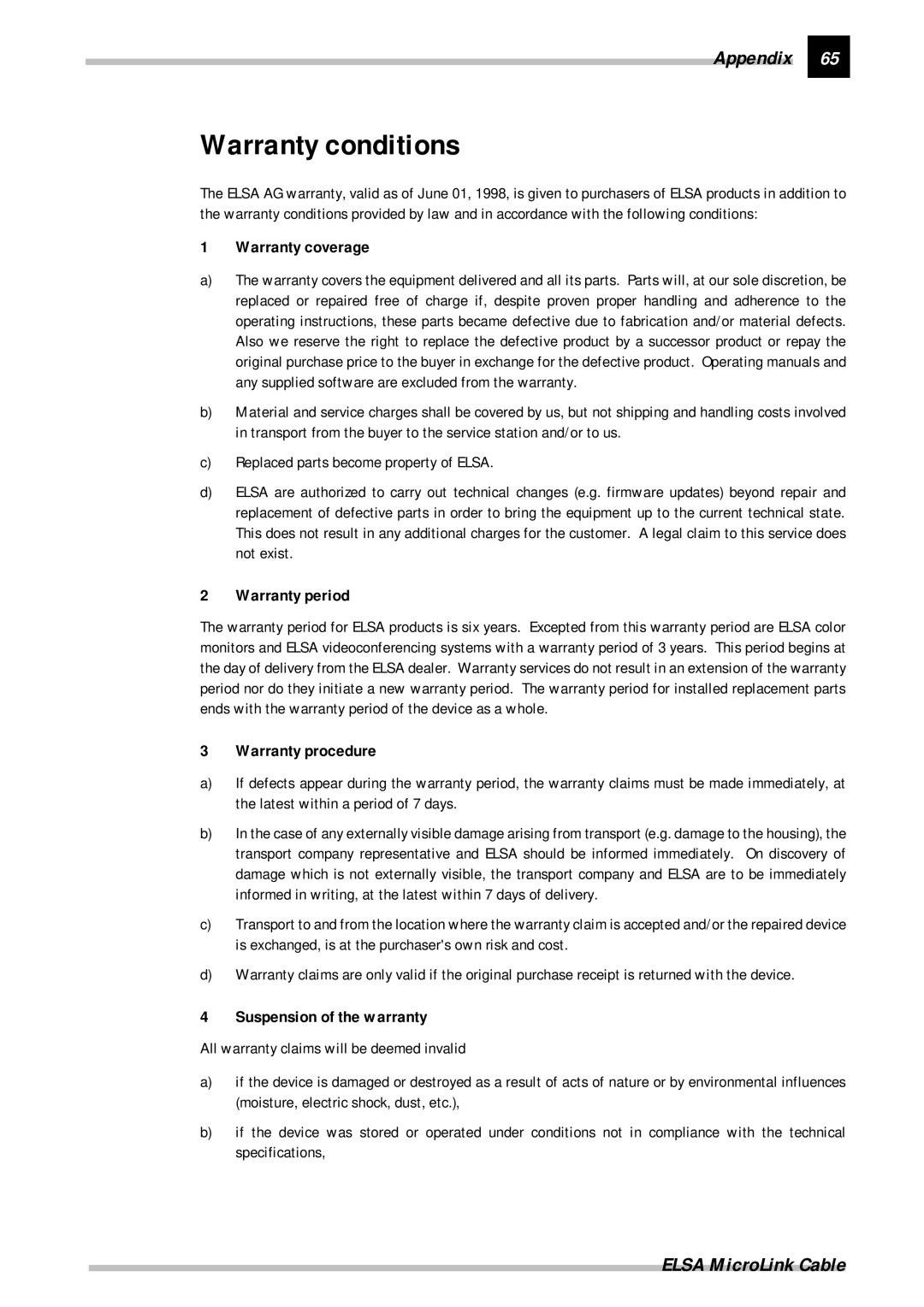 ELSA Cable manual Warranty conditions, Warranty coverage, Warranty period, Warranty procedure, Suspension of the warranty 