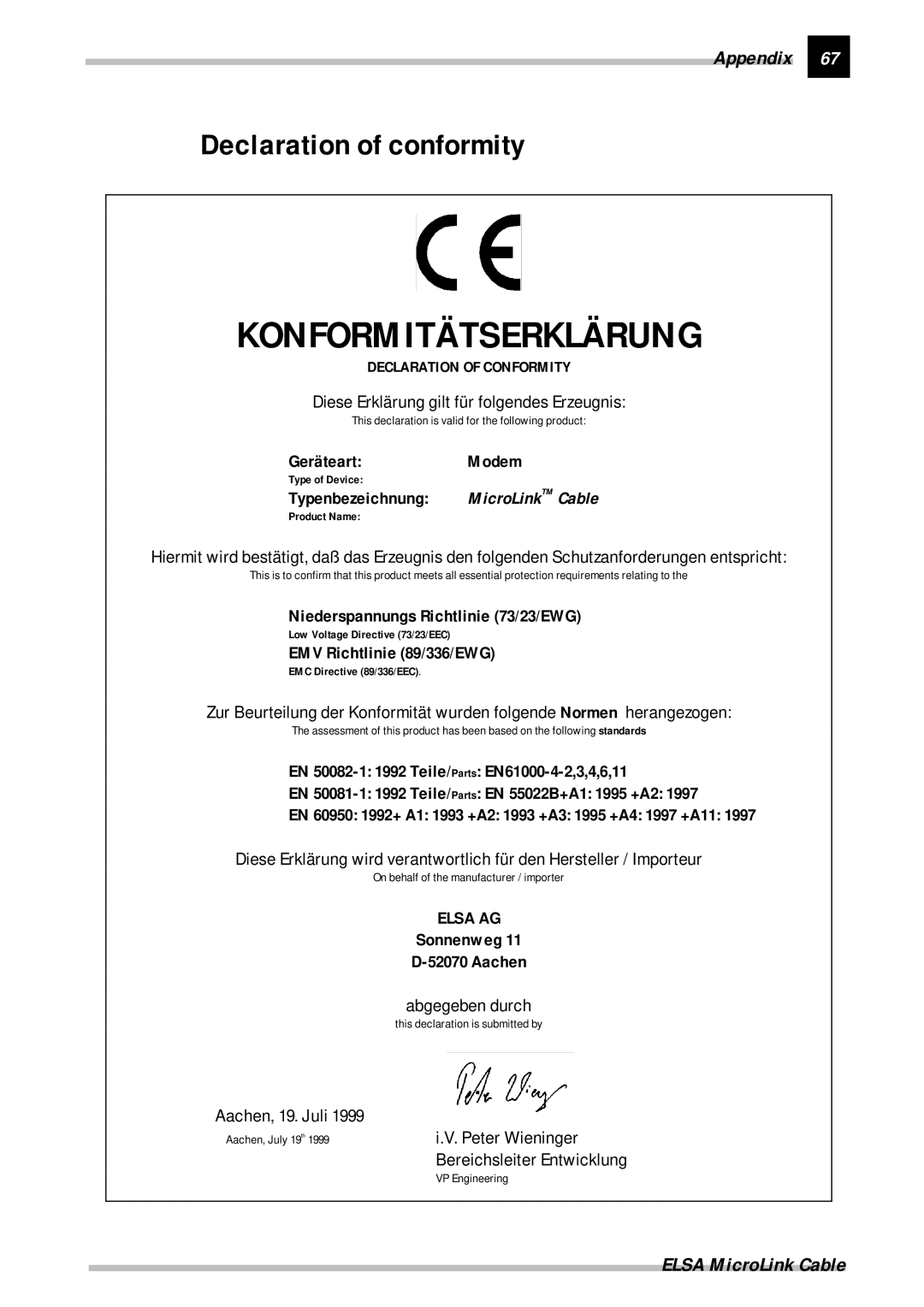 ELSA Cable manual Declaration of conformity, Typenbezeichnung 