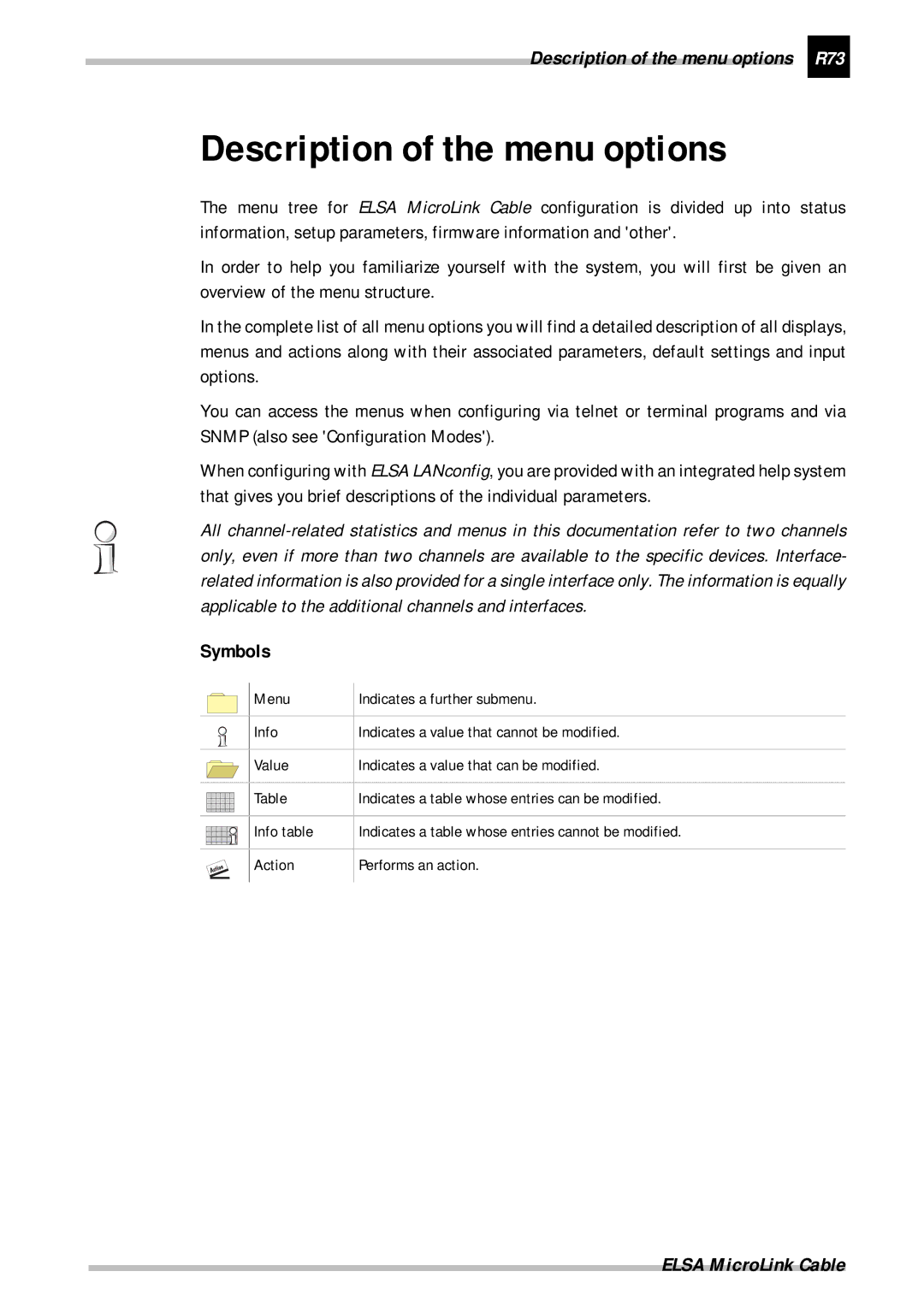 ELSA Cable manual Description of the menu options R73, Symbols 