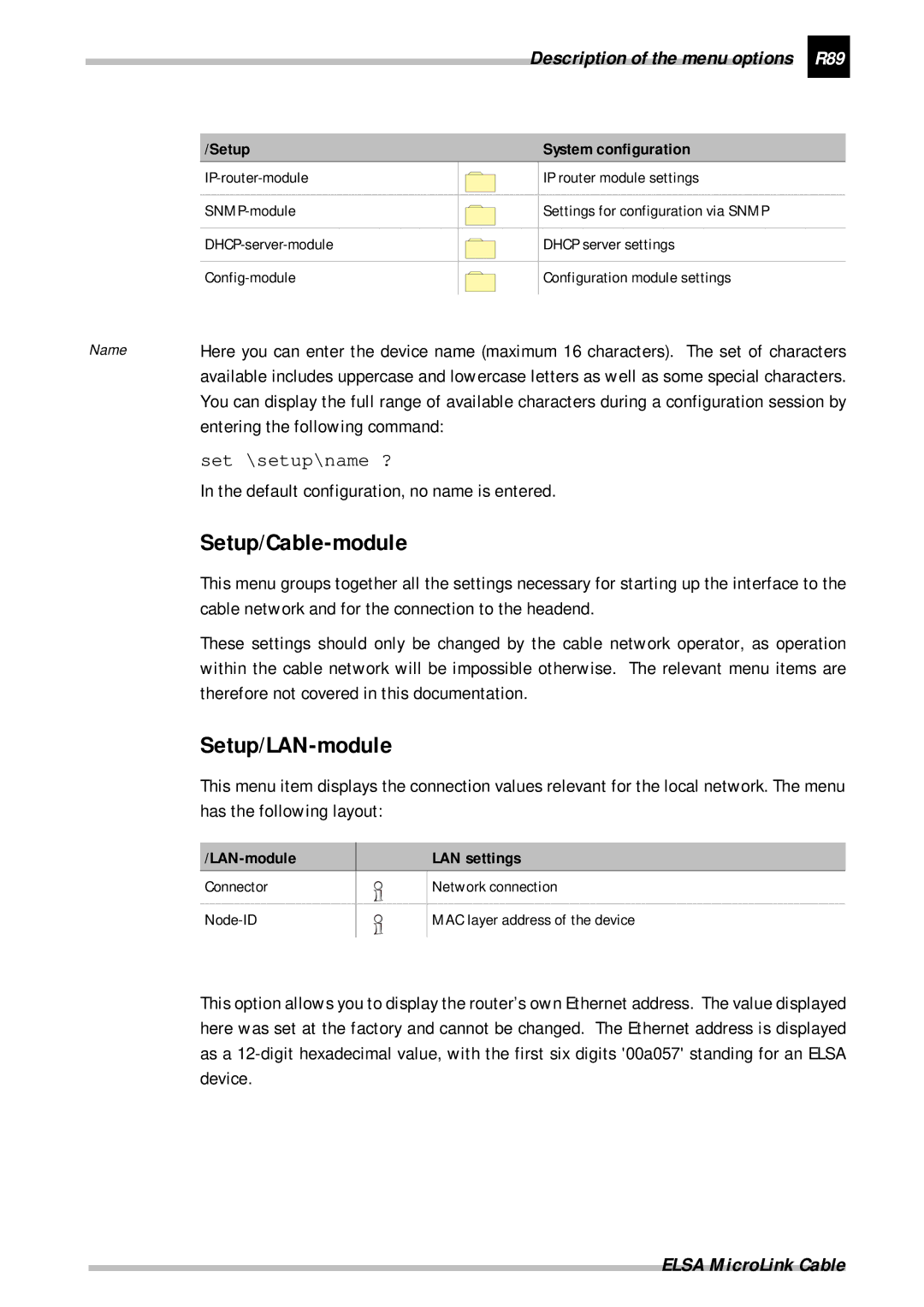 ELSA manual Setup/Cable-module, Setup/LAN-module, Description of the menu options R89, Entering the following command 