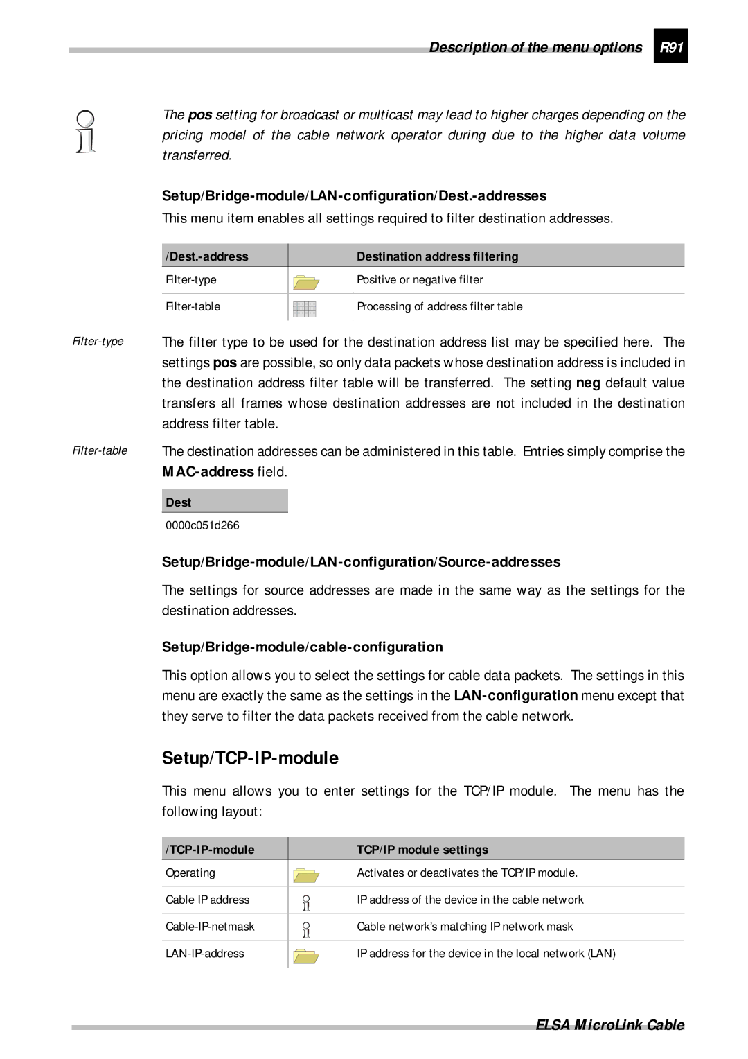 ELSA Cable manual Setup/TCP-IP-module, Description of the menu options R91, MAC-address field 