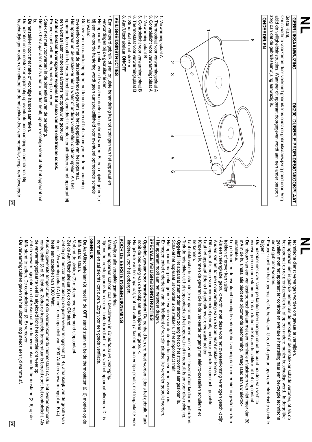 Elta 0608 instruction manual Gebruiksaanwijzing DK200 Dubbele PROFI-DESIGNKOOKPLAAT, Onderdelen, Veiligheidsinstructies 