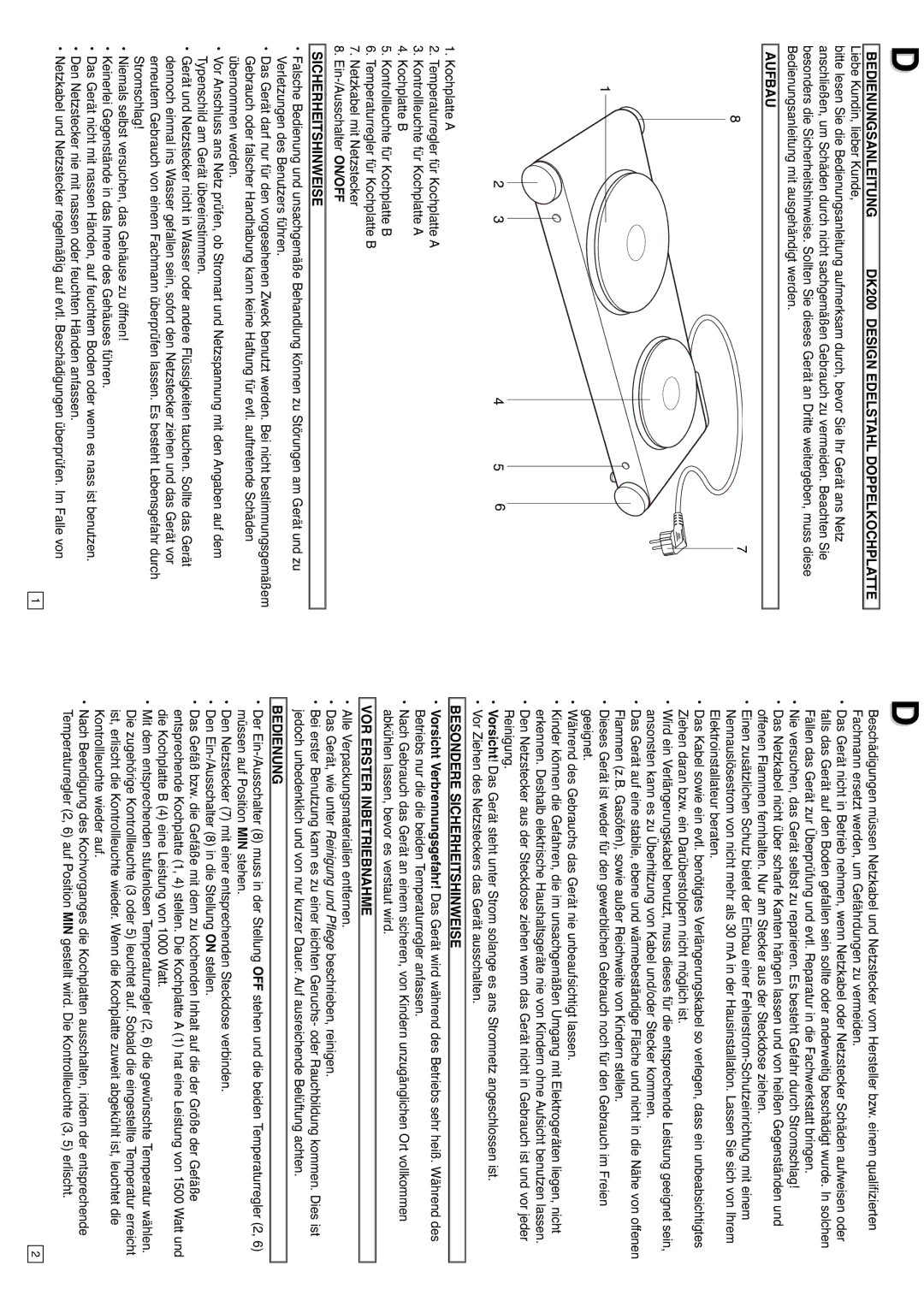 Elta 0608 instruction manual Bedienungsanleitung DK200 Design Edelstahl Doppelkochplatte, Aufbau, Sicherheitshinweise 