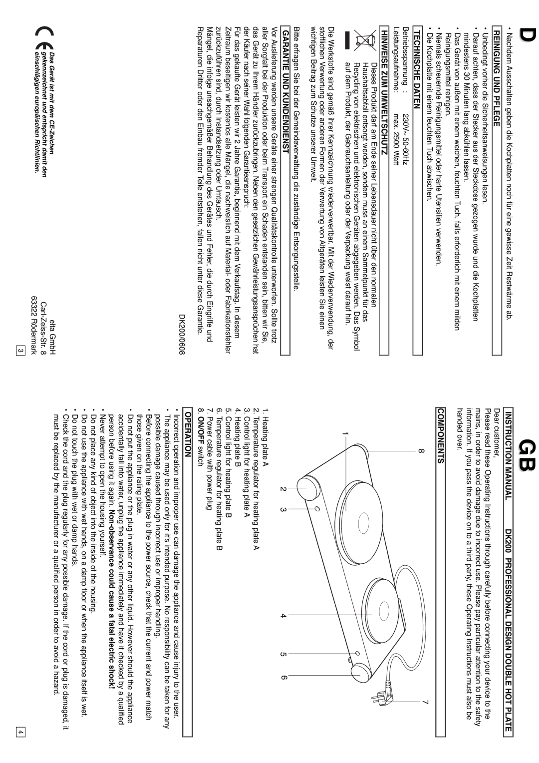 Elta DK200, 0608 Reinigung UND Pflege, Technische Daten, Hinweise ZUM Umweltschutz, Garantie UND Kundendienst, Components 