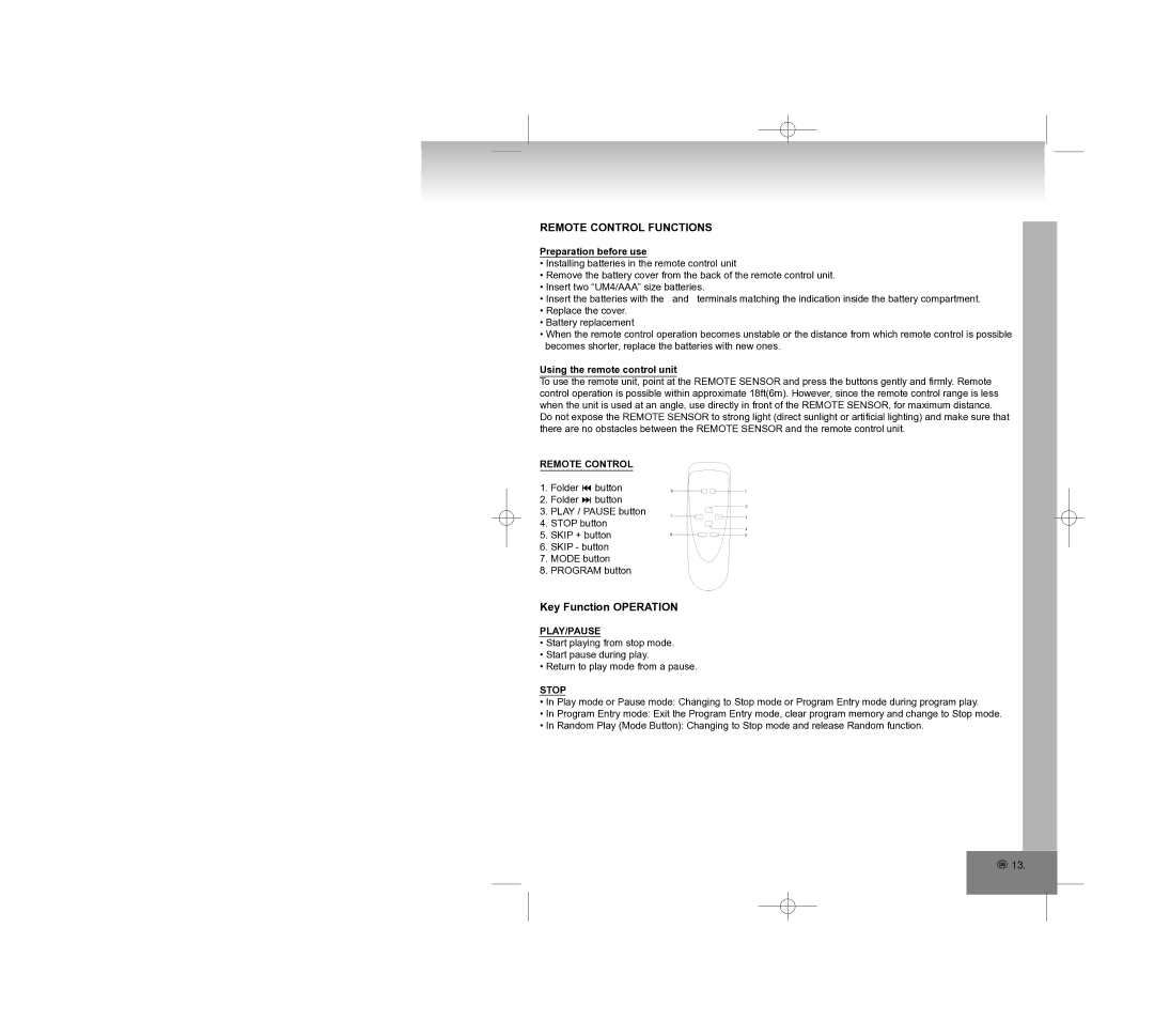 Elta 2308 manual Remote Control Functions, Key Function Operation, Preparation before use, Using the remote control unit 