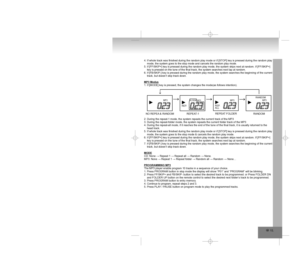 Elta 2308 manual No Repea & Random REPEAT-1, Repeat Folder Random, Mode, Programming MP3 