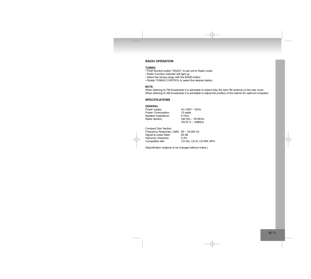 Elta 2308 manual Radio Operation, Specifications, General 