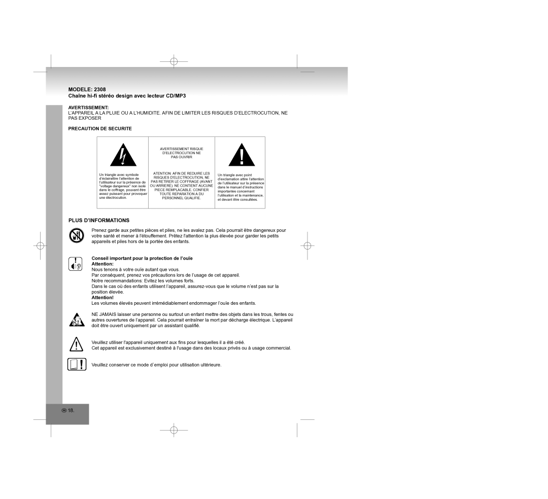 Elta 2308 manual Modele Chaîne hi-fi stéréo design avec lecteur CD/MP3, Plus D’INFORMATIONS, Avertissement 