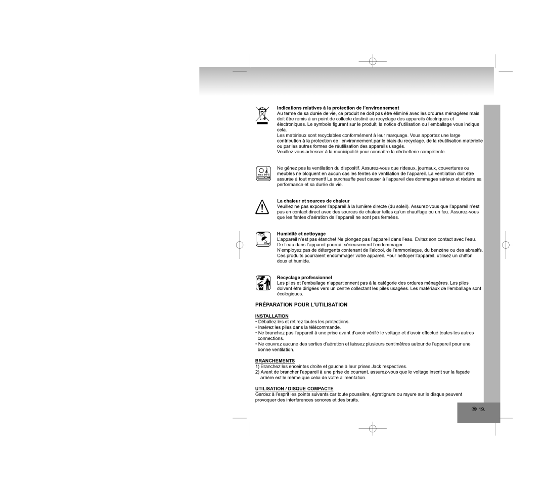 Elta 2308 manual Préparation Pour L’UTILISATION, Branchements, Utilisation / Disque Compacte 