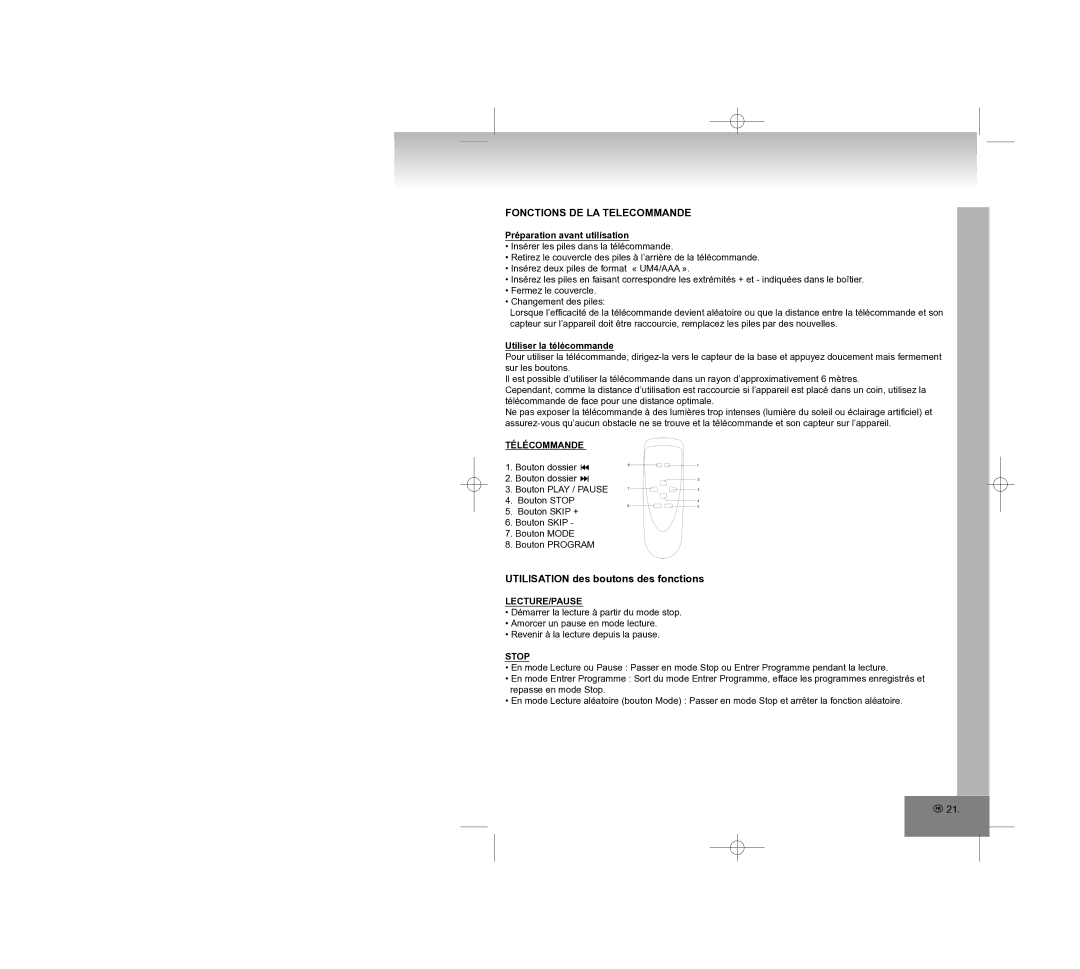 Elta 2308 manual Fonctions DE LA Telecommande, Utilisation des boutons des fonctions, Télécommande, Lecture/Pause 