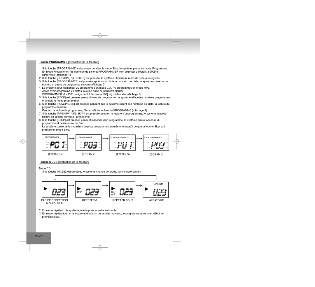 Elta 2308 manual Écran, PAS DE Repetition REPETER-1 Repeter Tout Aleatoire 