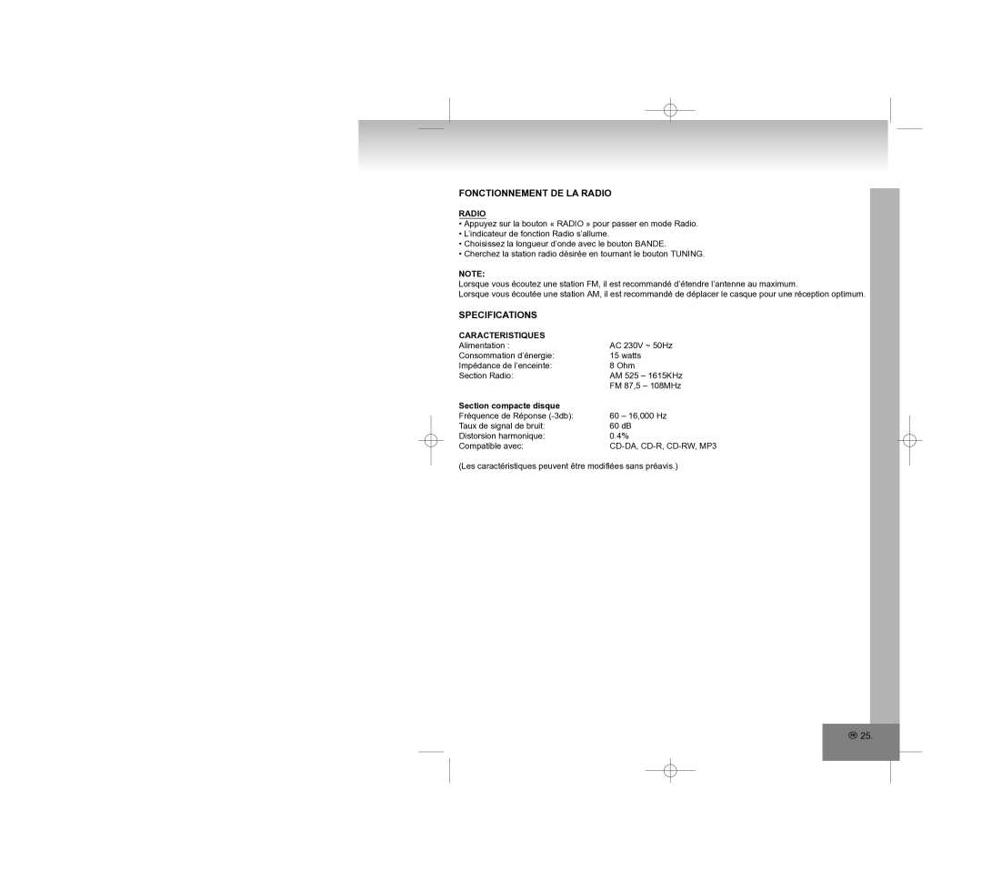 Elta 2308 manual Fonctionnement DE LA Radio, Caracteristiques, Section compacte disque 