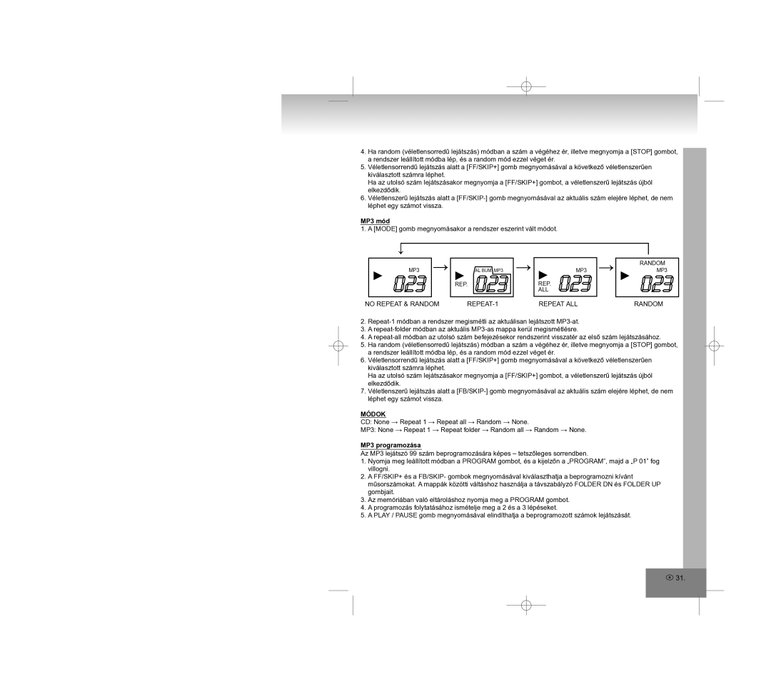 Elta 2308 manual MP3 mód, No Repeat & Random REPEAT-1, Repeat ALL Random, Módok, MP3 programozása 