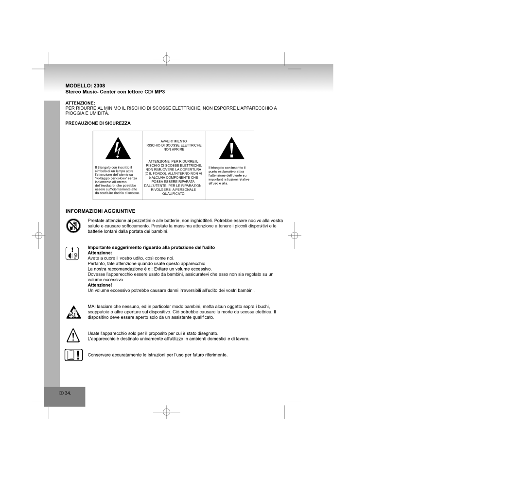 Elta 2308 Modello, Stereo Music- Center con lettore CD/ MP3, Informazioni Aggiuntive, Attenzione, Precauzione DI Sicurezza 