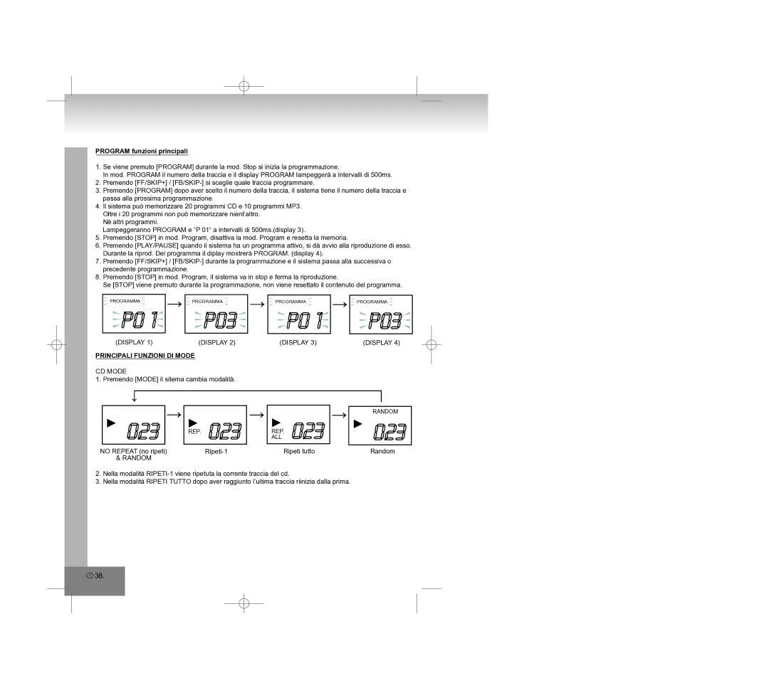 Elta 2308 manual Program funzioni principali, Principali Funzioni DI Mode, CD Mode 