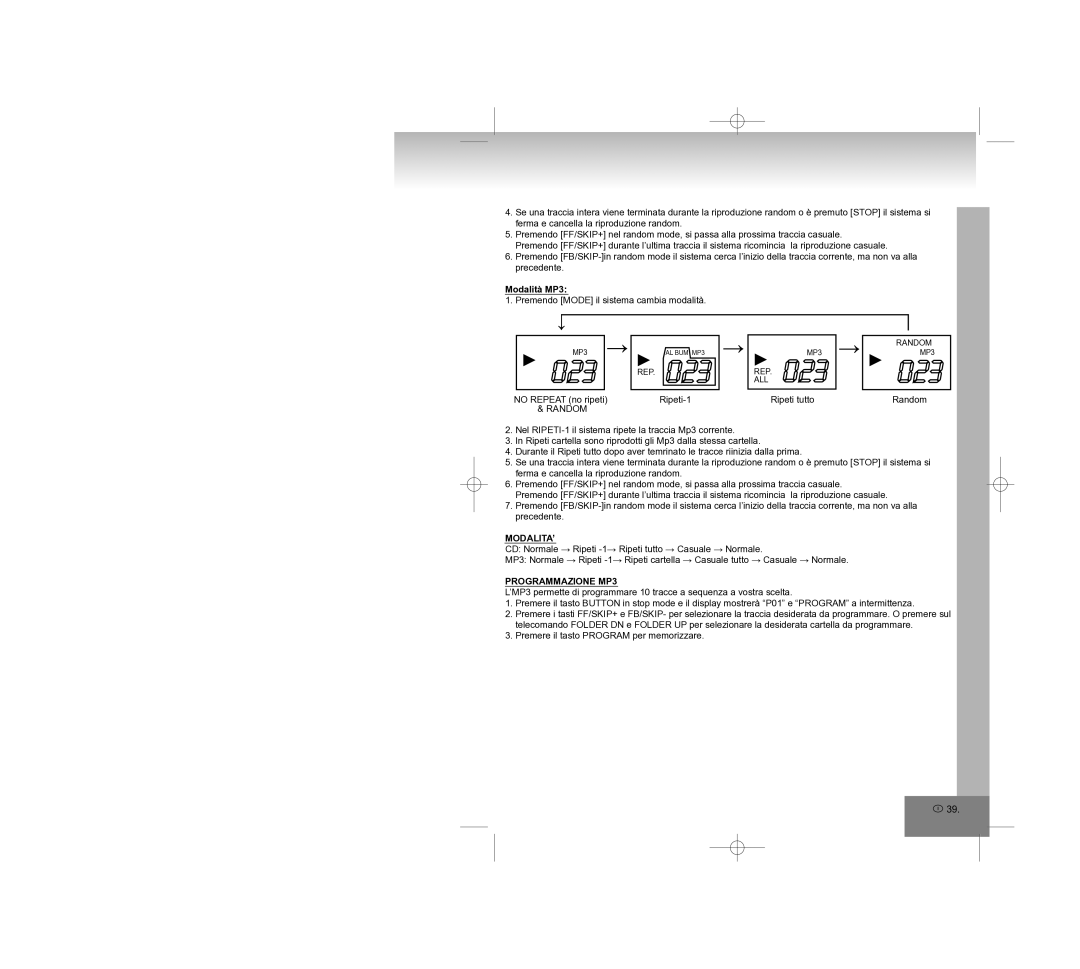 Elta 2308 manual Modalità MP3, Modalita’, Programmazione MP3 