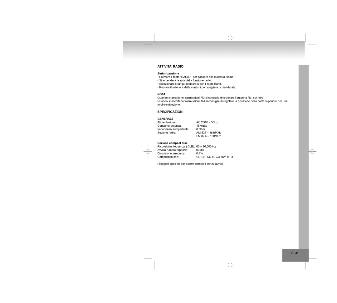 Elta 2308 manual ATTIVITA’ Radio, Specificazioni, Nota, Generale 