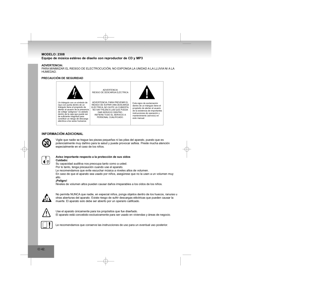 Elta 2308 manual Información Adicional, Advertencia, Precaución DE Seguridad, ¡Peligro 