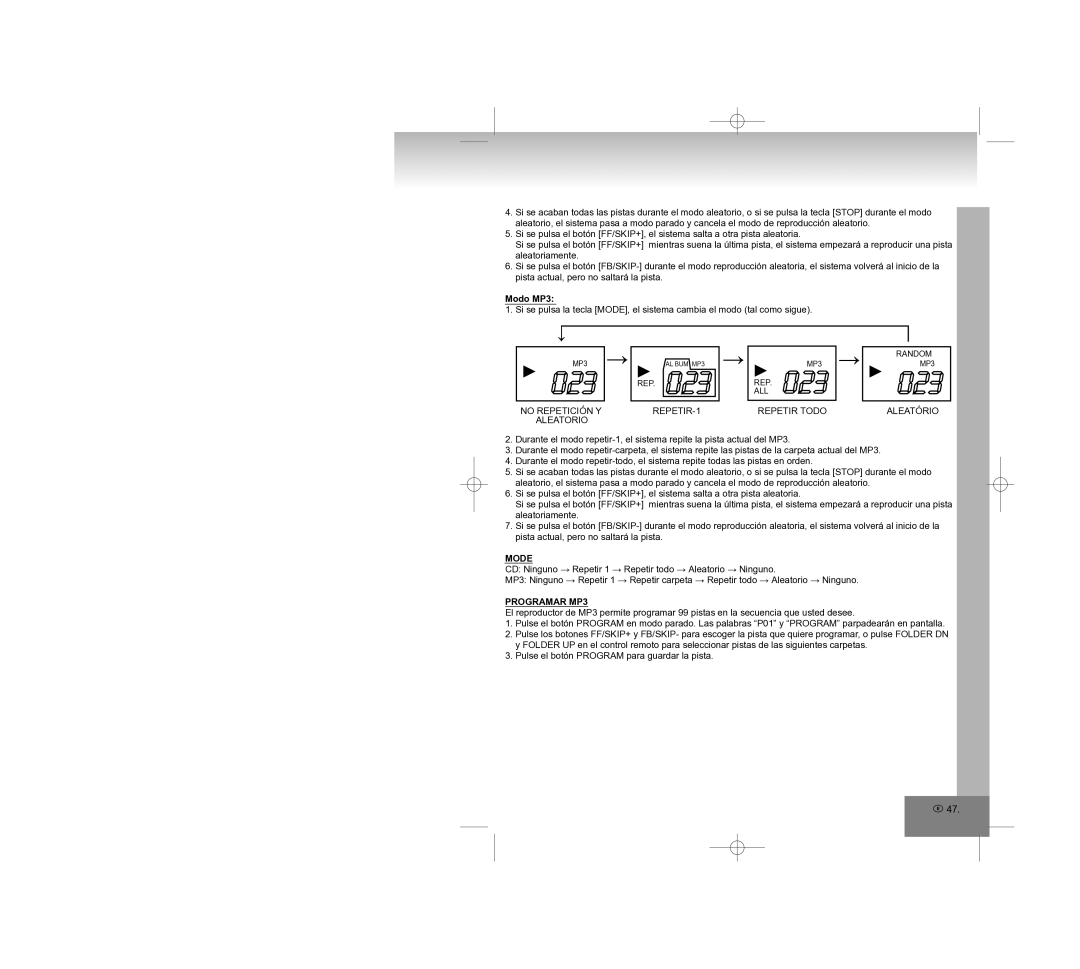 Elta 2308 manual Modo MP3, No Repetición Y REPETIR-1 Aleatorio, Repetir Todo Aleatório, Programar MP3 