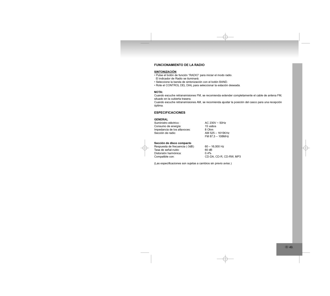 Elta 2308 manual Funcionamiento DE LA Radio, Especificaciones, Sintonización, Sección de disco compacto 