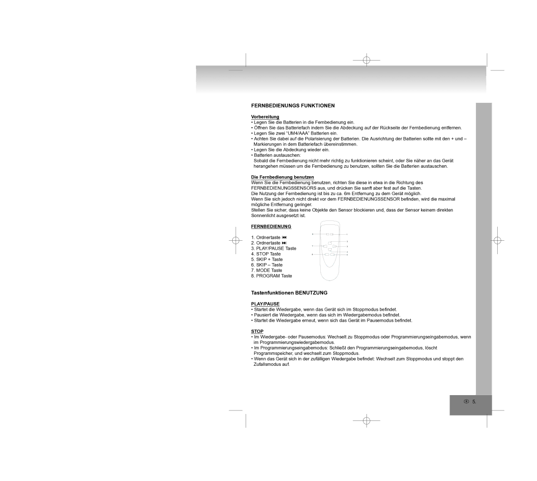 Elta 2308 manual Fernbedienungs Funktionen, Tastenfunktionen Benutzung, Play/Pause, Stop 