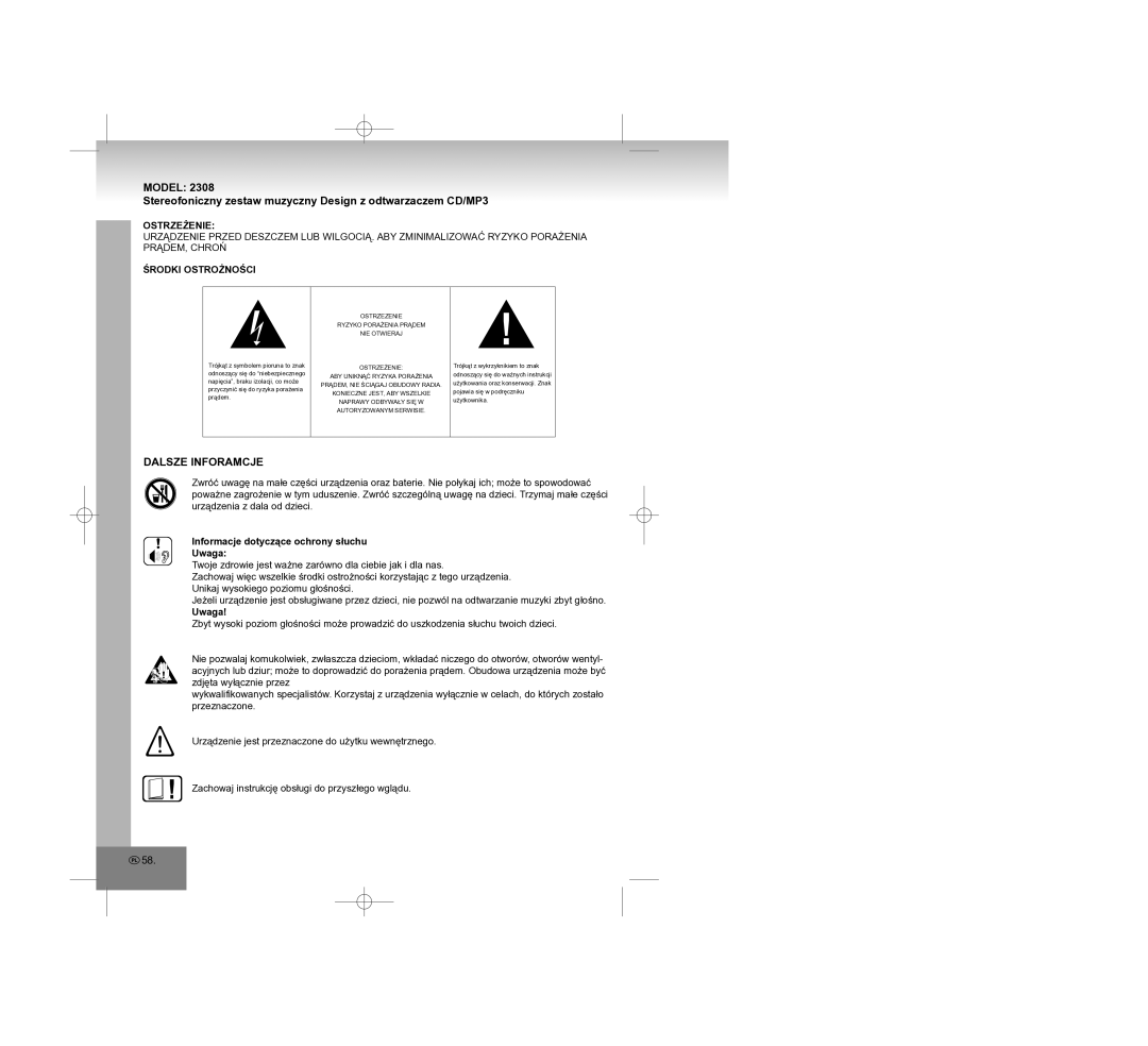Elta 2308 manual Dalsze Inforamcje, Ostrzeżenie, Środki Ostrożności, Informacje dotyczące ochrony słuchu Uwaga 
